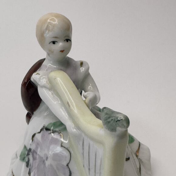 Vintage Figurine 18th Century Girl Playing Harp/Floral Dress/Bird Hand Painted - Picture 2 of 9